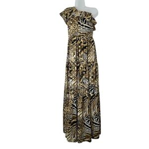 Rachel Zoe For Express Metallic One Shoulder Maxi Animal Print Dress Sz 0 XSmall